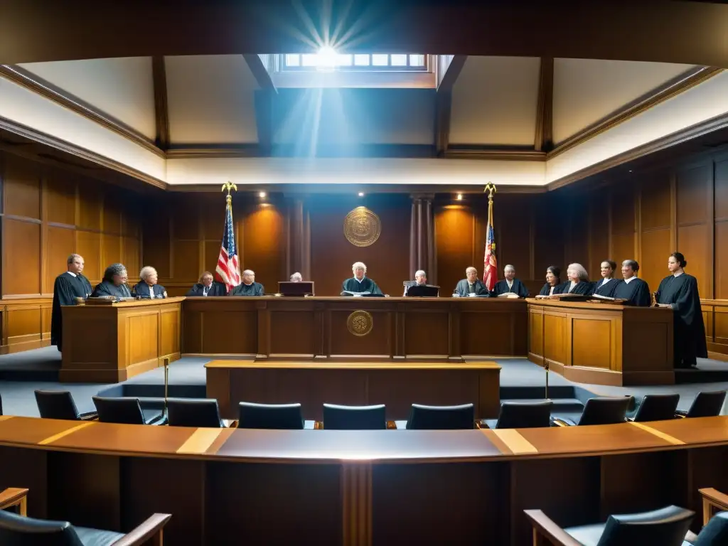 Imagen detallada de un antiguo tribunal, con jueces, abogados y acusados en juicio