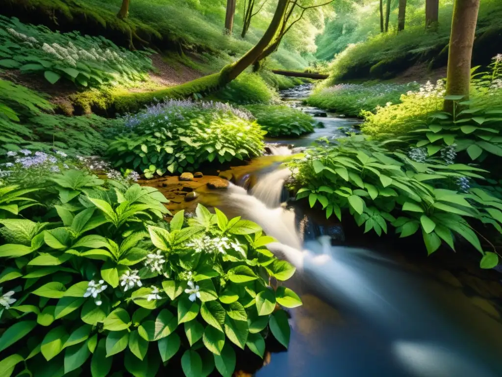 Imagen detallada de un bosque sereno con luz solar filtrándose a través del dosel verde y un arroyo serpenteante
