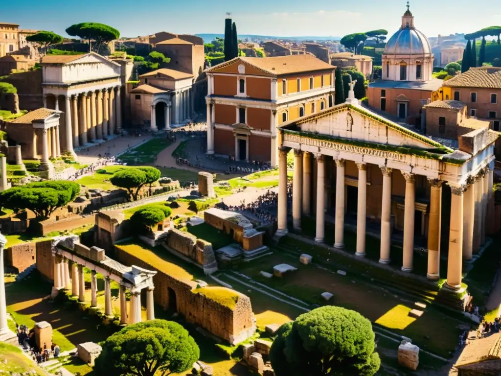 Imagen detallada del bullicioso Foro Romano con el Temple of Saturn y el Arco de Septimio Severo, evocando la historia de la filosofía occidental