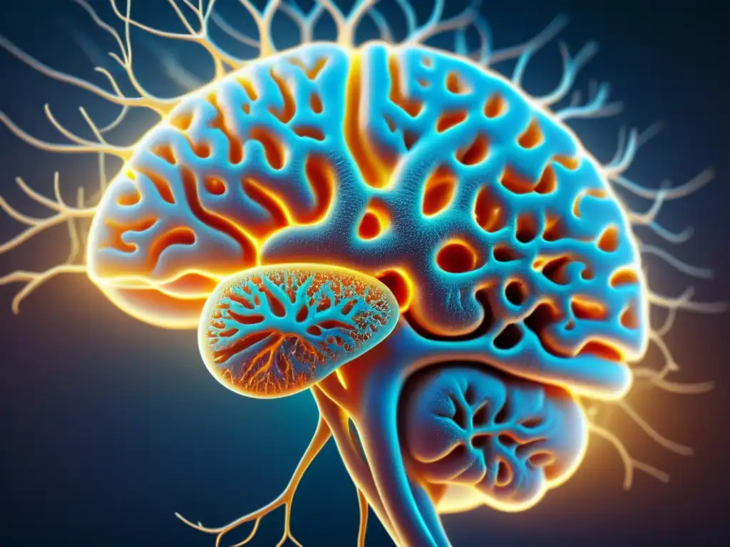 Una imagen detallada de un cerebro humano disecado con redes neuronales y sinapsis visibles bajo microscopio