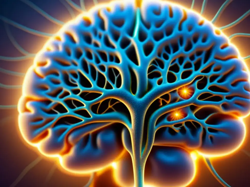 Una imagen detallada de un cerebro humano con complejas conexiones neuronales, bañado en una cálida luz