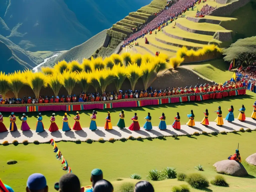 Imagen detallada de una ceremonia incaica tradicional durante Inti Raymi, con participantes vestidos con trajes coloridos, realizando antiguos rituales en un claro iluminado por el sol, rodeado de verdes montañas