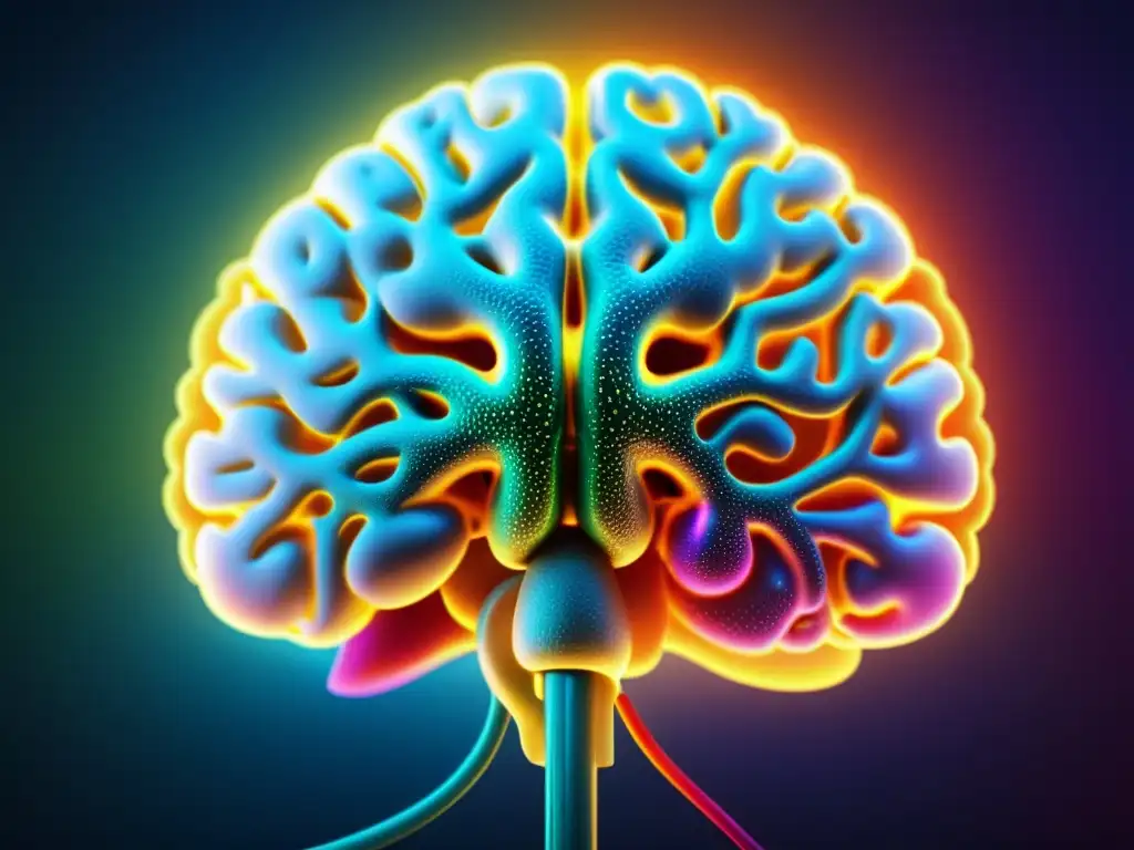 Una imagen detallada del complejo y vibrante entramado de redes neuronales y sinapsis en un cerebro humano, representando los desafíos filosóficos en la era digital