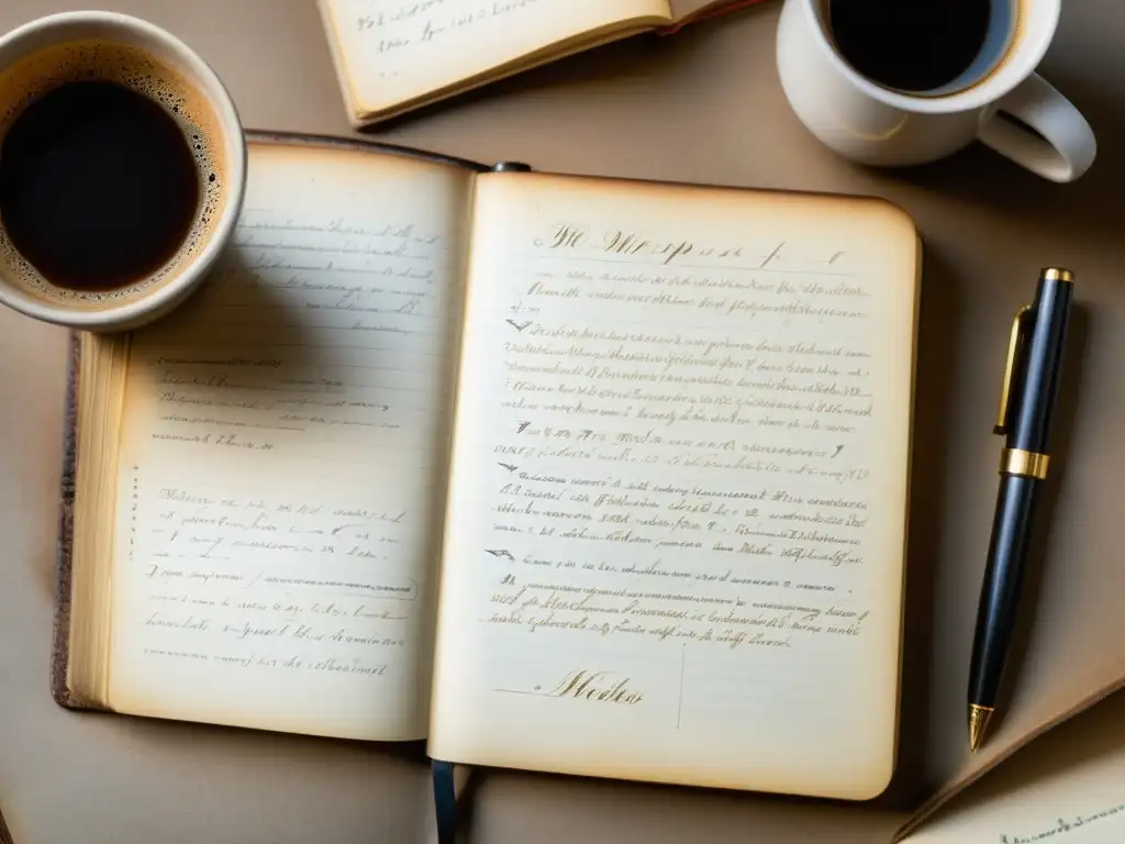 Imagen detallada de un cuaderno de filósofo con notas manuscritas, libros y una taza de café humeante