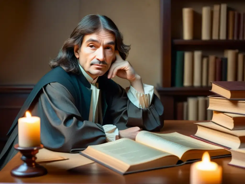 Imagen detallada de Descartes reflexionando en un escritorio iluminado por velas, con libros y papel pergamino