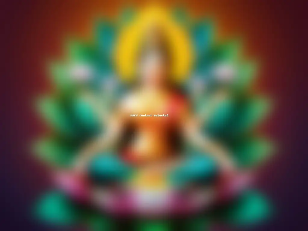 Imagen detallada de la diosa hindú Dharma, rodeada de colores vibrantes y patrones intrincados, simbolizando el concepto de justicia en religiones
