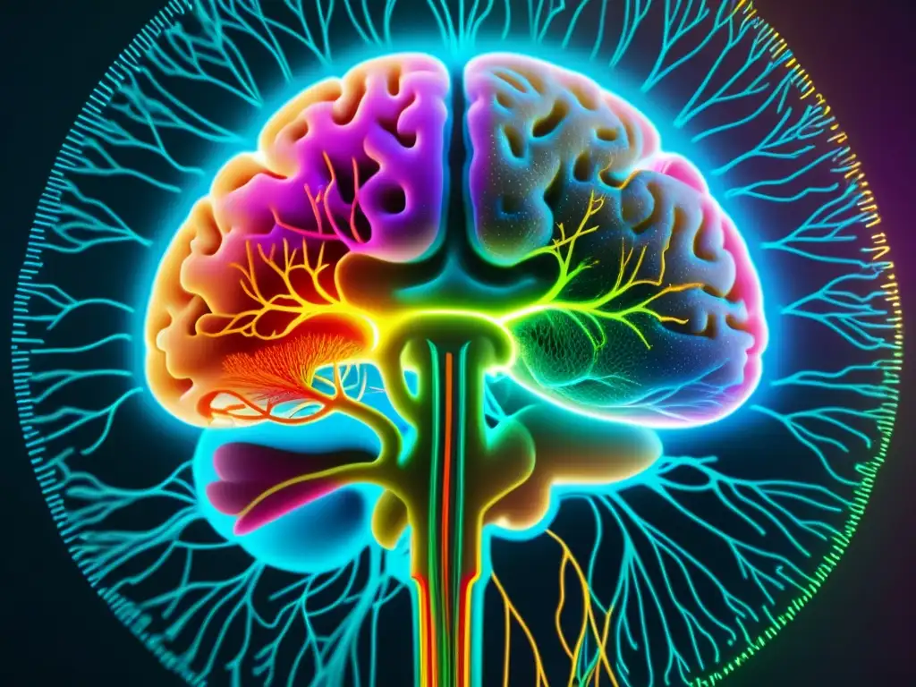 Imagen detallada de un escaneo cerebral con conexiones neuronales resplandecientes, ilustrando las conexiones entre meditación y neurociencia
