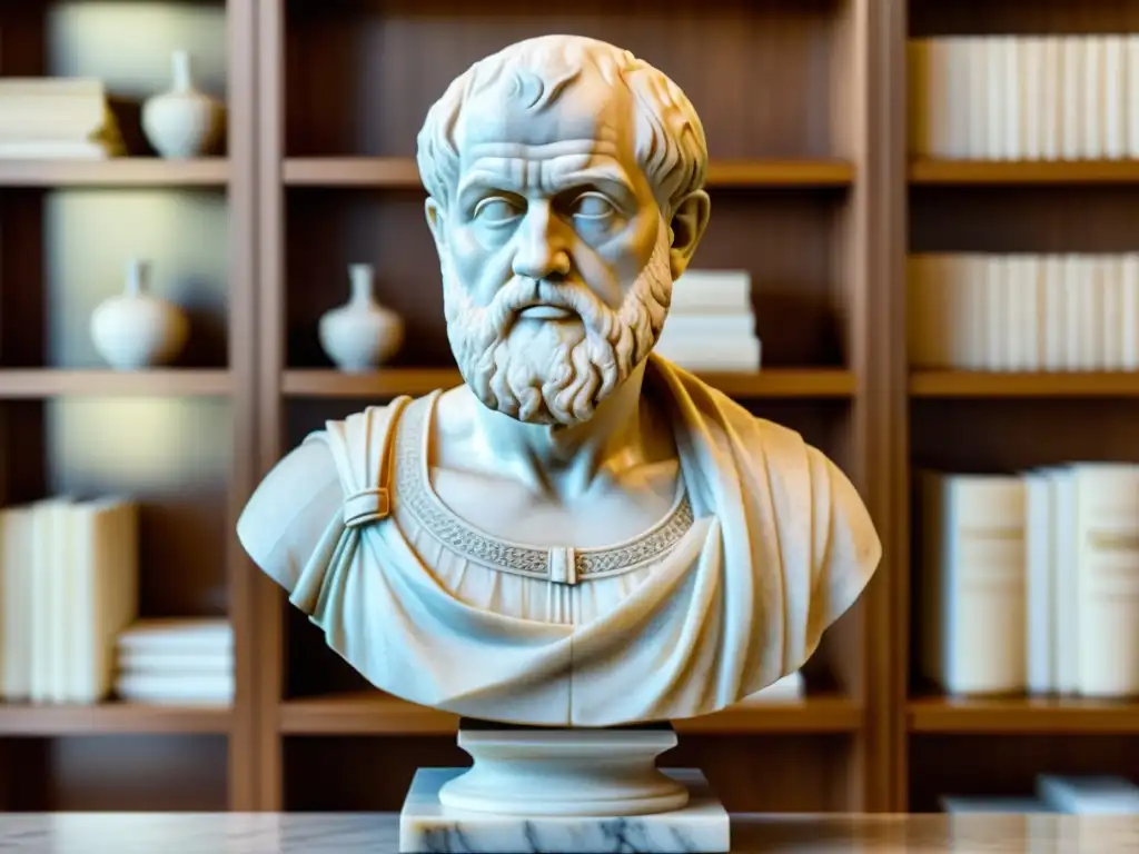 Imagen detallada de la escultura de mármol de Aristóteles, iluminada suavemente, rodeada de libros antiguos
