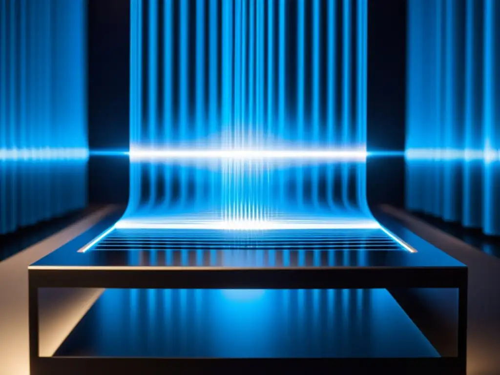 Una imagen 8k detallada de un experimento de doble rendija que muestra un patrón de interferencia, bañado en luz azul
