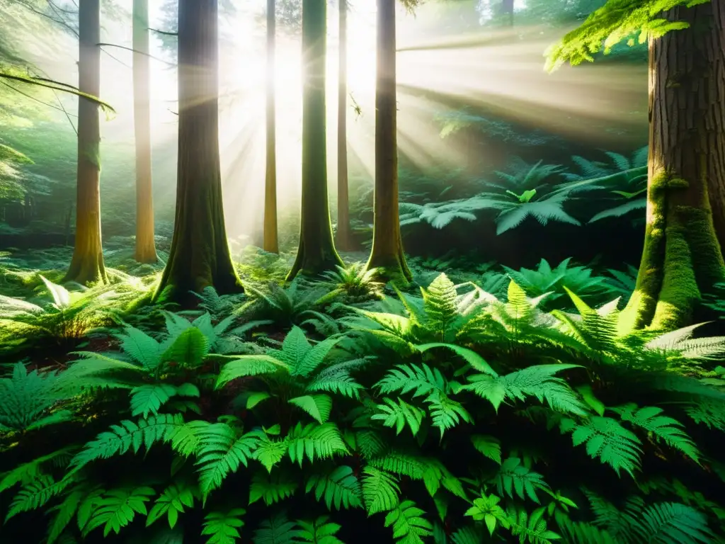 Imagen detallada de un exuberante bosque antiguo, con árboles imponentes cubiertos de follaje verde