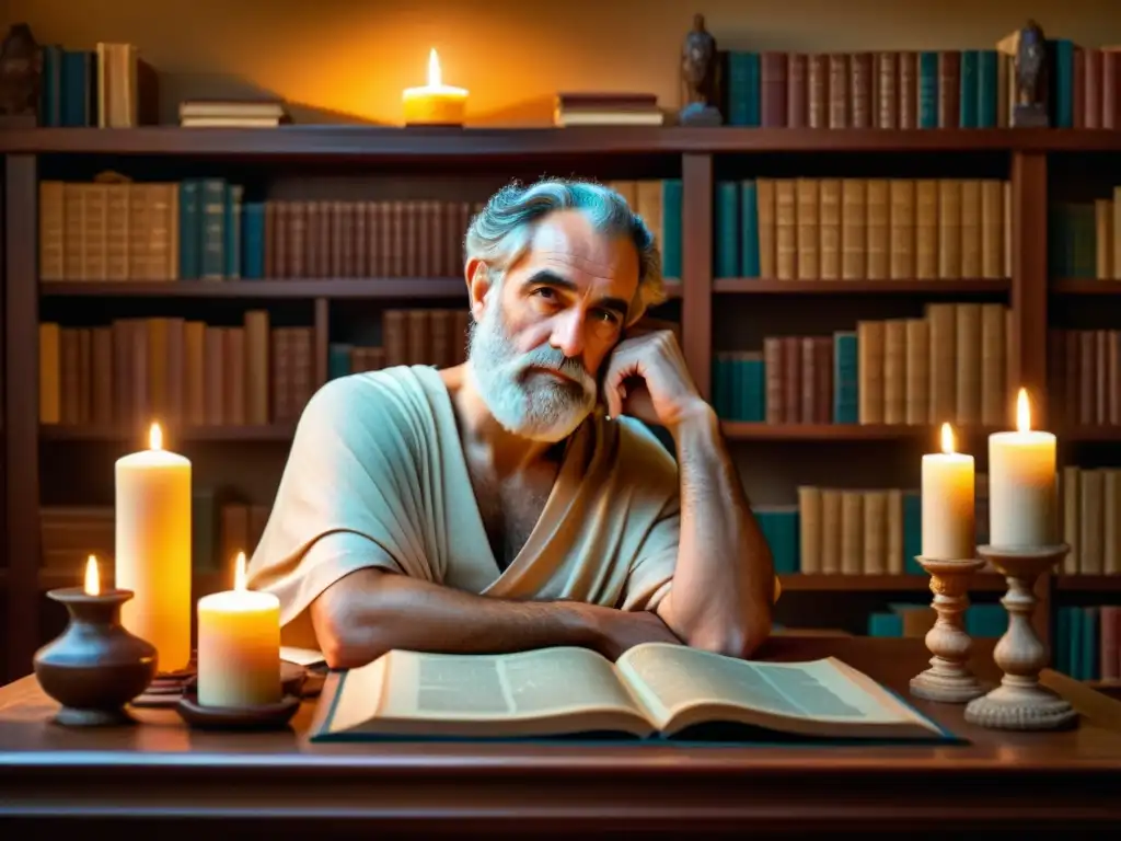 Imagen detallada de un filósofo griego rodeado de libros y pergaminos, iluminado por la cálida luz de las velas