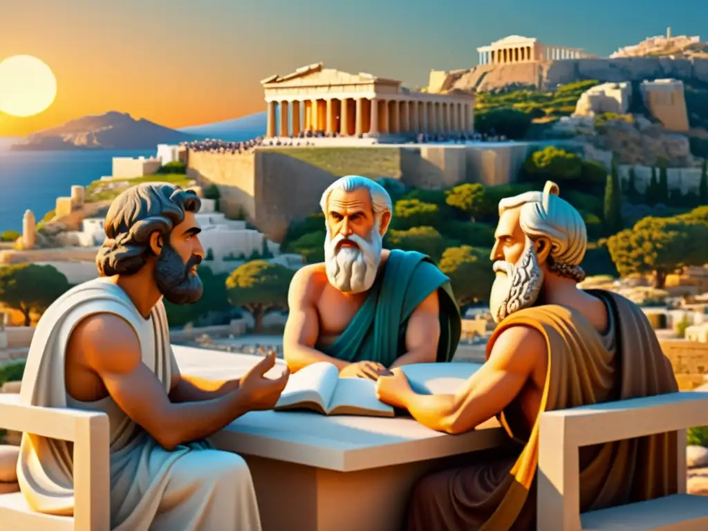 Imagen detallada de filósofos griegos antiguos debatiendo en la Acropolis al atardecer, capturando el sincretismo en filosofía moral