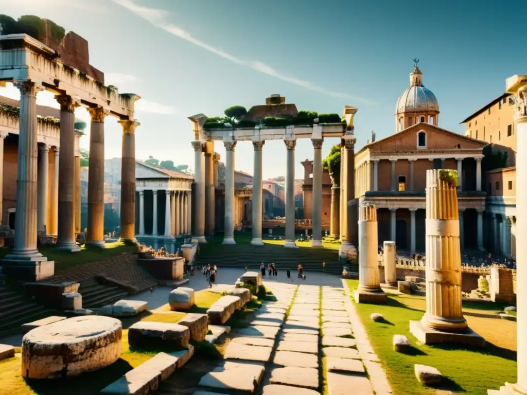 Imagen 8k detallada de un foro romano antiguo, con la arquitectura grandiosa de la época y el pódium de los discursos de Cicerón