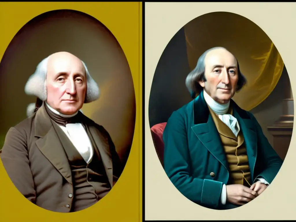 Una imagen detallada y impactante compara el utilitarismo de Bentham y Mill, mostrando sus diferencias filosóficas y rivalidad intelectual