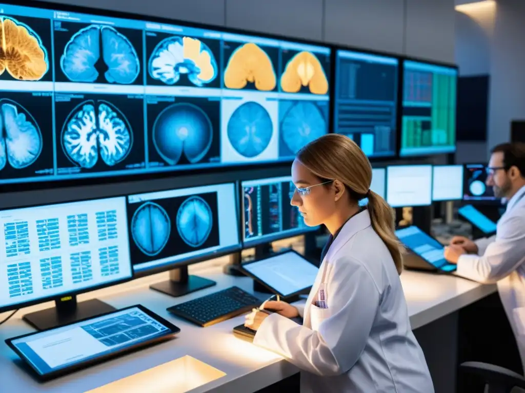Imagen detallada de un laboratorio de neurociencia, con científicos trabajando en equipos de vanguardia entre imágenes cerebrales y gráficos