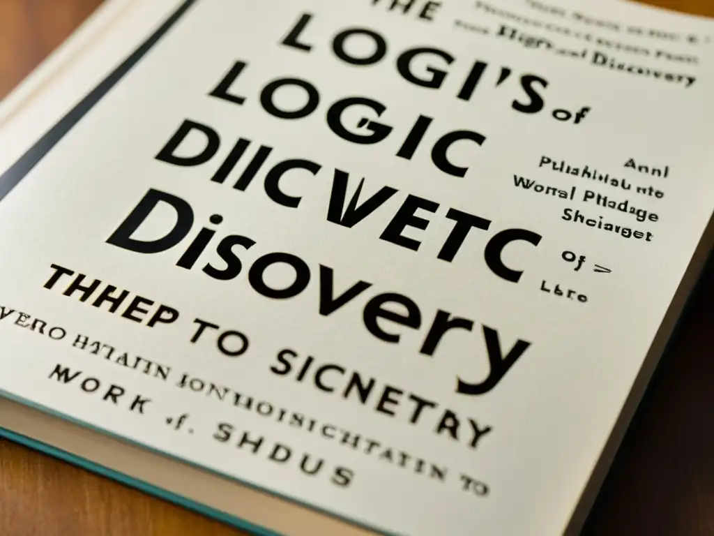 Una imagen detallada en alta definición del libro 'La lógica de la investigación científica' de Karl Popper, mostrando los bordes desgastados de la cubierta y los intrincados detalles del texto en las páginas