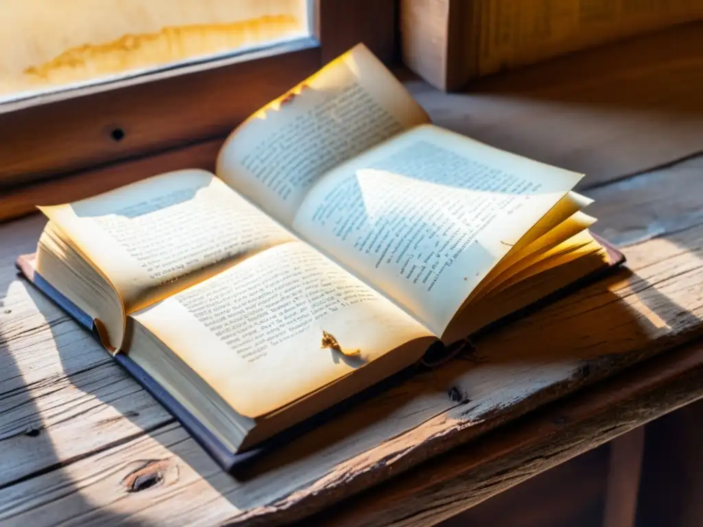 Imagen detallada de un libro desgastado con anotaciones manuscritas, sobre un escritorio de madera envejecida, bañado por cálida luz solar