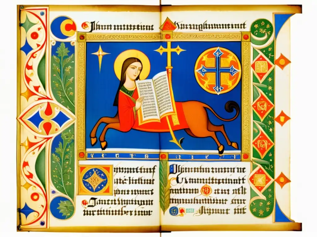 Imagen detallada de un manuscrito medieval iluminado por Hildegarda de Bingen, con colores vibrantes y detalles meticulosos de la vida medieval y simbolismo religioso