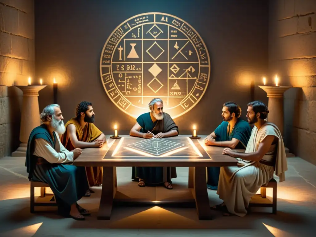 Imagen 8k detallada de matemáticos griegos discutiendo la conciencia numérica en un ambiente contemplativo y dramático