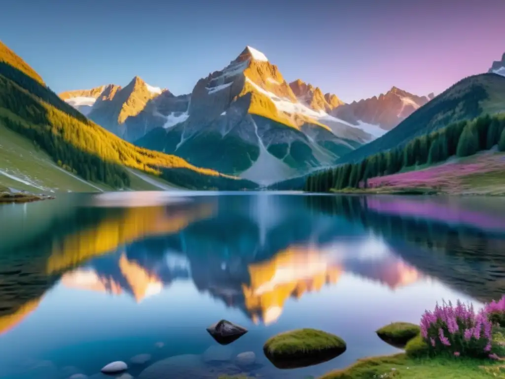 Imagen 8k detallada de montañas al amanecer con sol dorado, reflejado en lago alpino