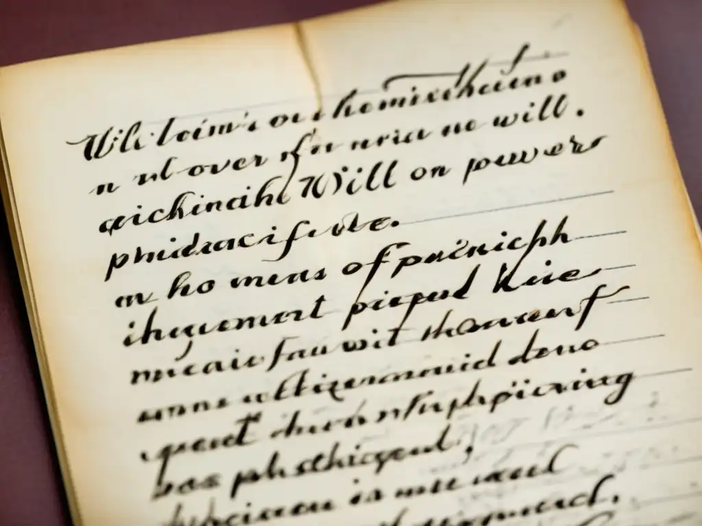 Una imagen detallada de las notas manuscritas de Friedrich Nietzsche sobre el Origen de la Voluntad de Poder, mostrando la profundidad de su pensamiento filosófico y la belleza de su escritura