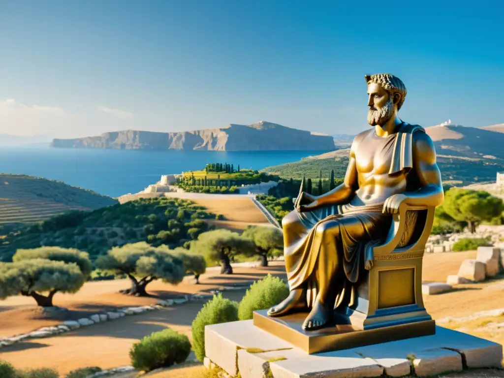 Imagen 8k detallada de paisaje griego con filósofo presocrático y terapia filosófica para alivio existencial