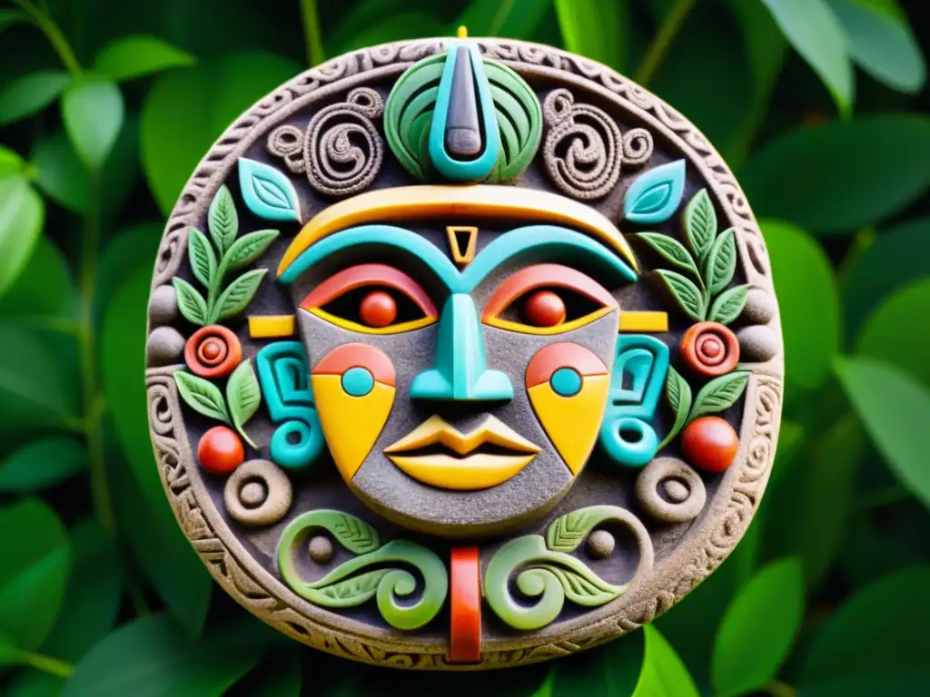 Imagen detallada de una piedra esculpida con símbolos y deidades mesoamericanas, rodeada de exuberante vegetación, representando la rica herencia artística y filosófica de la cultura mesoamericana