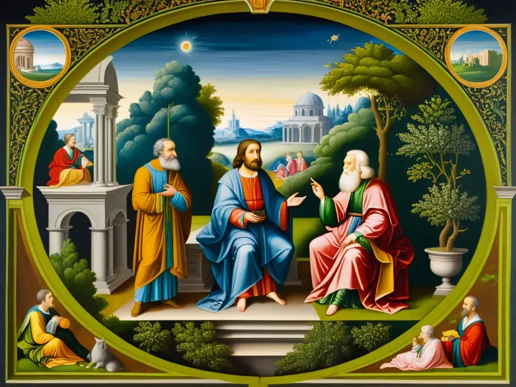 Imagen detallada de una pintura renacentista que representa filósofos debatiendo en un entorno clásico rodeado de exuberante vegetación