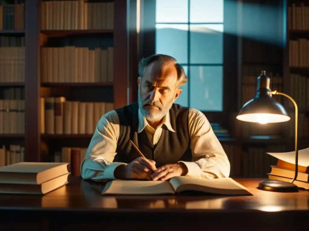 Imagen detallada en 8k de William James reflexivo en un estudio tenue, rodeado de libros y papeles, iluminado por una lámpara de escritorio