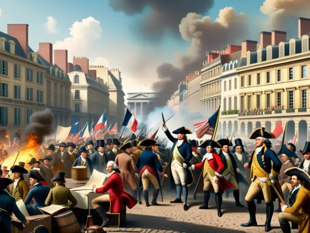 Imagen detallada en 8k de las revoluciones francesa y americana, mostrando escenas de protestas en París y debate político en el Congreso Continental