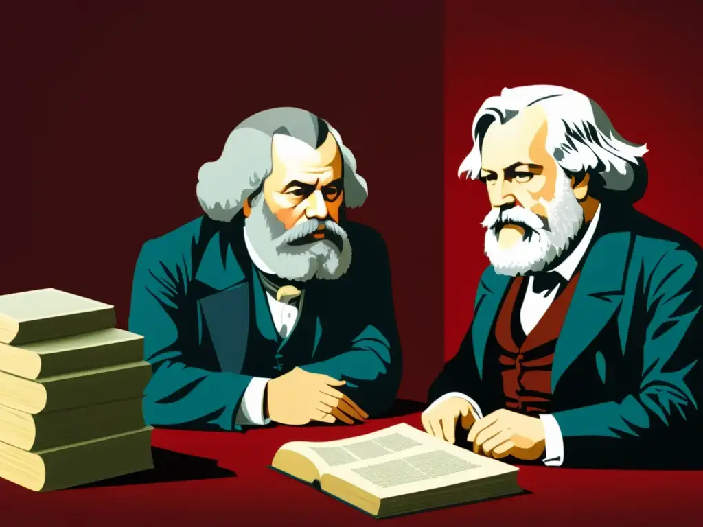 Imagen detallada de Marx y Hegel debatiendo, rodeados de libros económicos y filosóficos