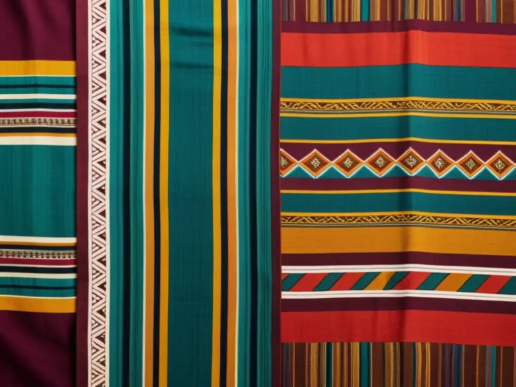 Una imagen detallada de un tejido vibrante y complejo que fusiona patrones tradicionales con elementos contemporáneos