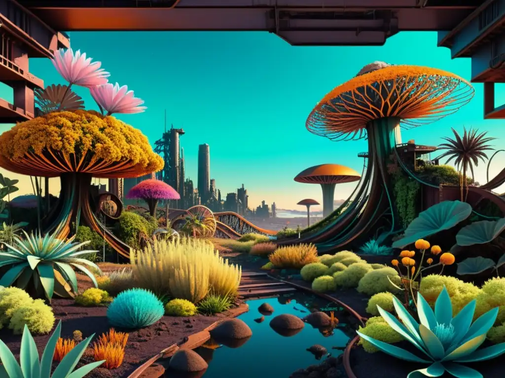 Imagen digital surrealista de un paisaje postapocalíptico con flora y fauna vibrante, mostrando la coexistencia de elementos orgánicos y sintéticos