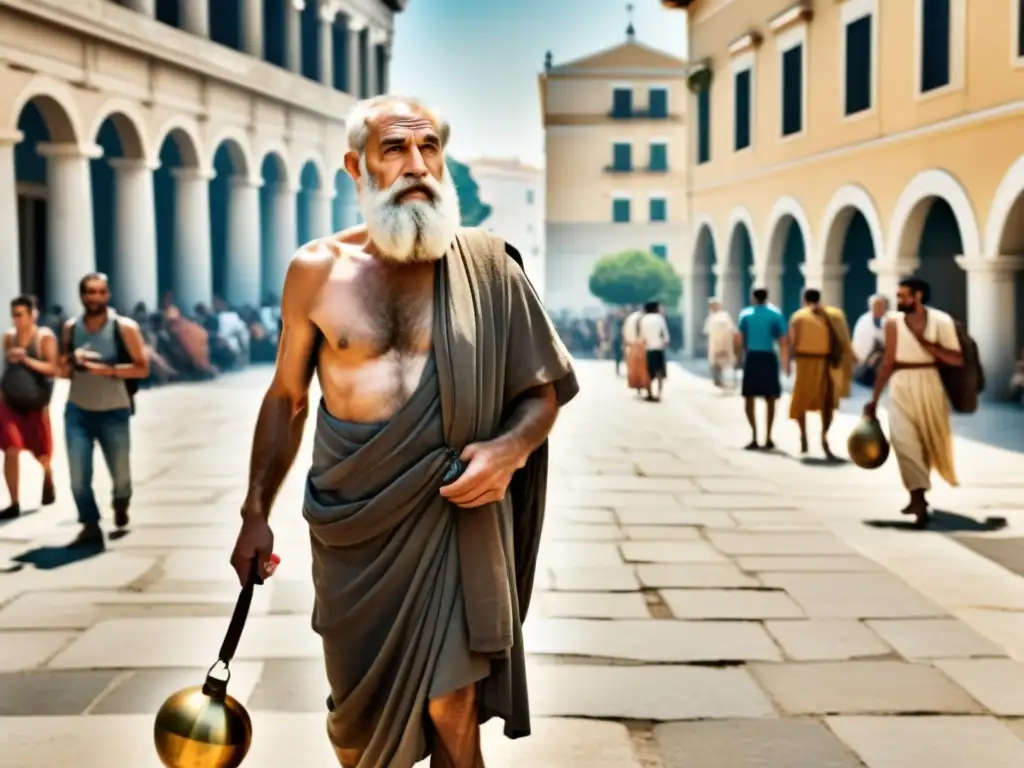 Imagen de alta resolución de Diógenes el Cínico en las bulliciosas calles de Atenas, reflejando su filosofía provocativa y honesta