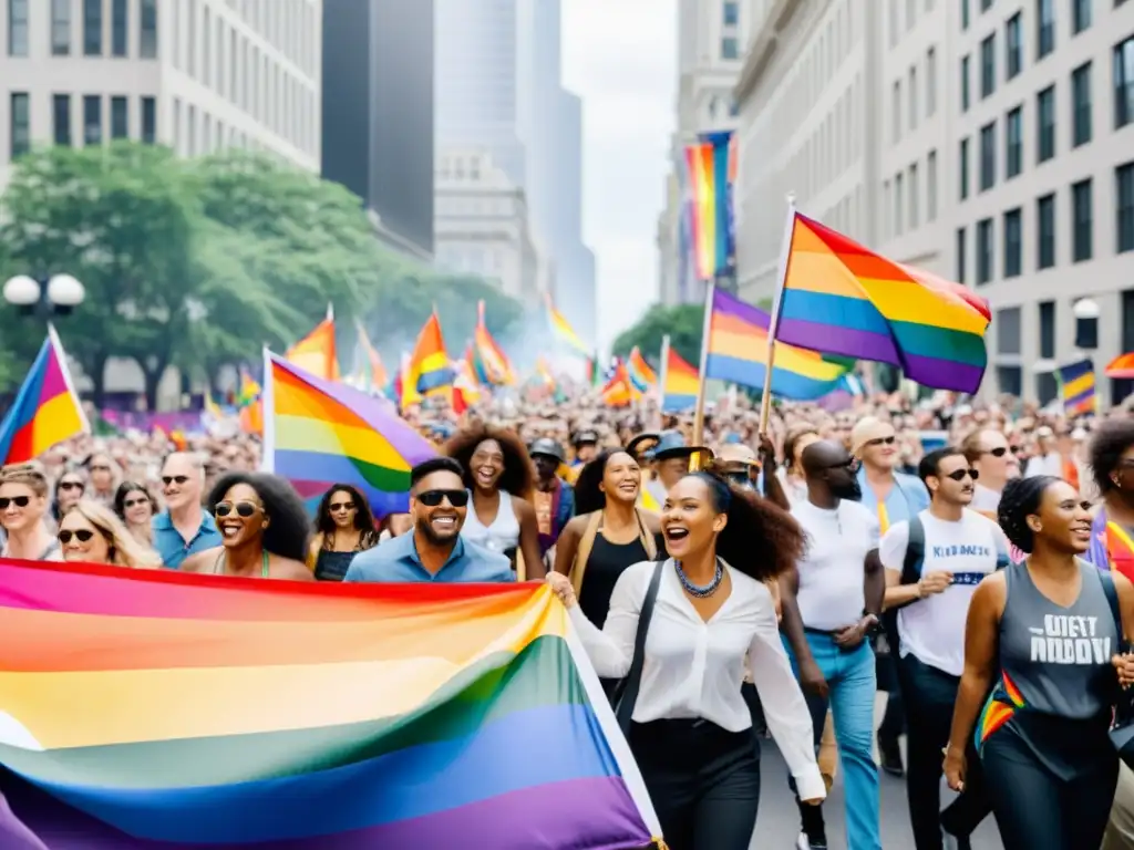Imagen de diversidad y activismo queer en una marcha por la igualdad, con banderas y pancartas coloridas ondeando en el aire, en una ciudad