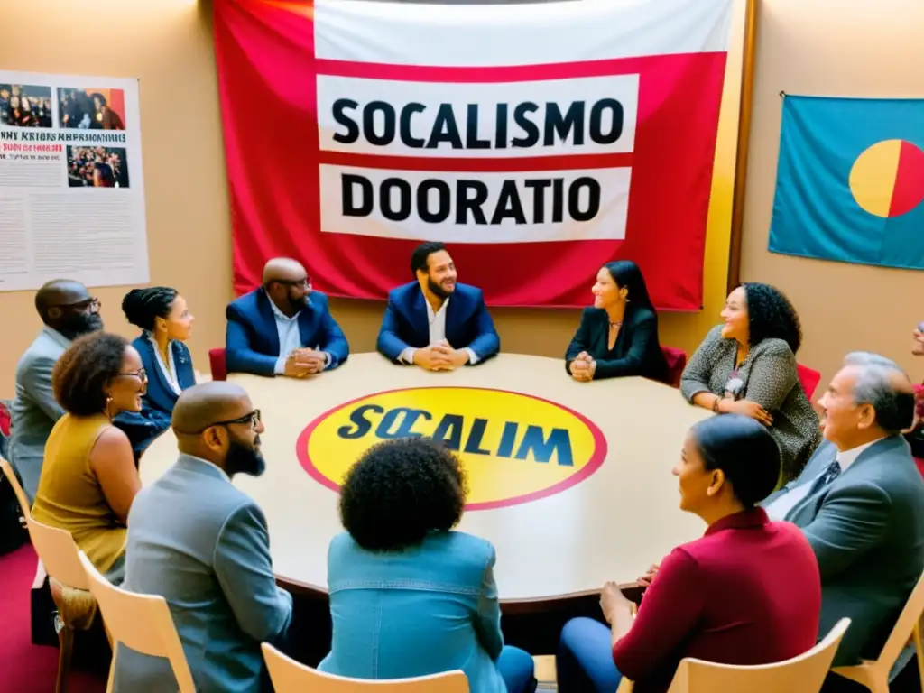 Imagen de diversidad en círculo de discusión sobre 'Socialismo Democrático', con arte de justicia social en las paredes