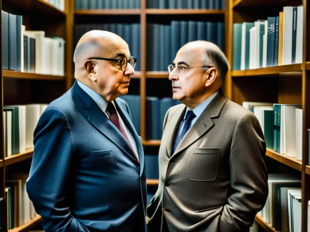 Imagen documental de Theodor Adorno y Max Horkheimer inmersos en profunda discusión en un entorno académico, con estanterías de libros y papeles