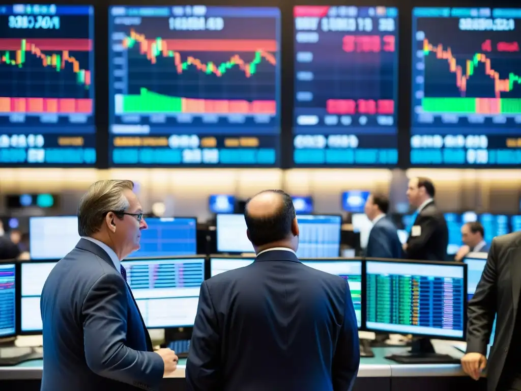 Imagen documental de la agitada bolsa de valores, con traders negociando intensamente entre digital tickers
