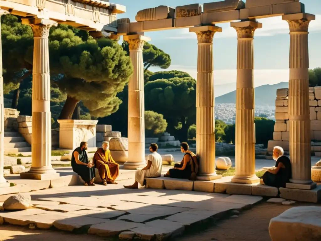 Una imagen documental de alta resolución de una antigua ágora griega, llena de filósofos inmersos en profundas conversaciones, rodeados de columnas ornamentadas y arquitectura atemporal