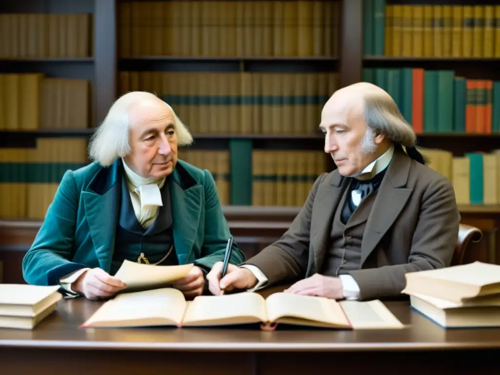 Imagen documental de Bentham y Mill debatiendo, rodeados de libros y papeles, capturando la intensidad de su discusión y el ambiente académico