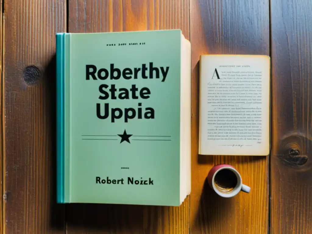 Una imagen documental de 'Anarchy, State, and Utopia' de Robert Nozick sobre un escritorio de madera, con anotaciones y una atmósfera reflexiva