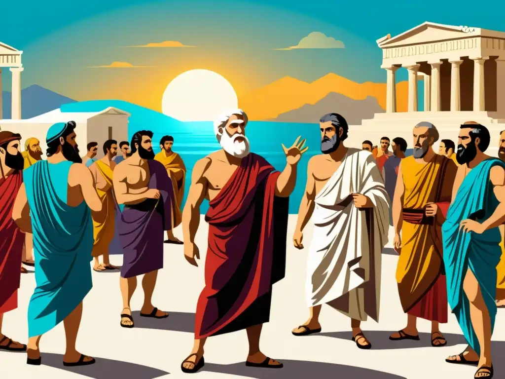 Imagen documental de filósofos griegos antiguos desafiando convenciones en bullicioso mercado, destacando autenticidad y energía intelectual