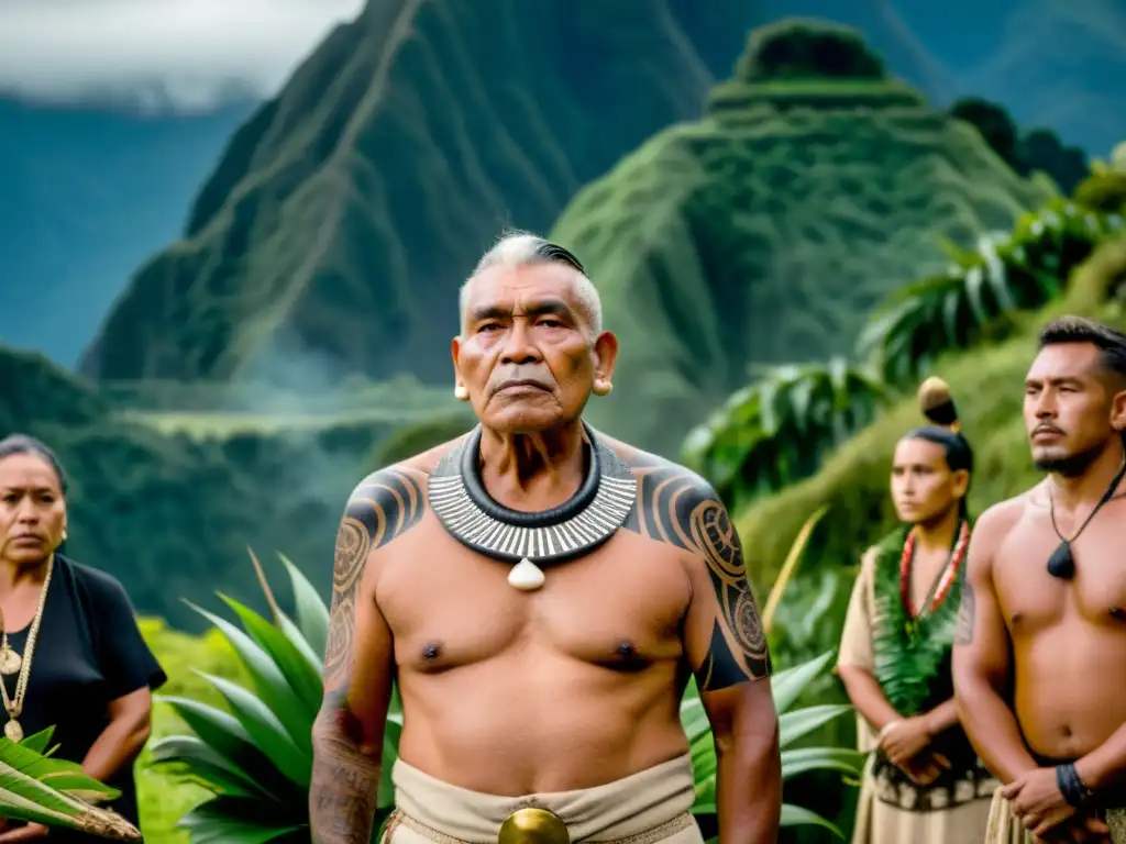 Una imagen documental de alta resolución muestra a un anciano maorí realizando un ritual de reverencia ancestral