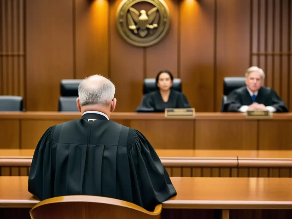 Una imagen documental de una sala de tribunal, con un juez presidiendo un juicio