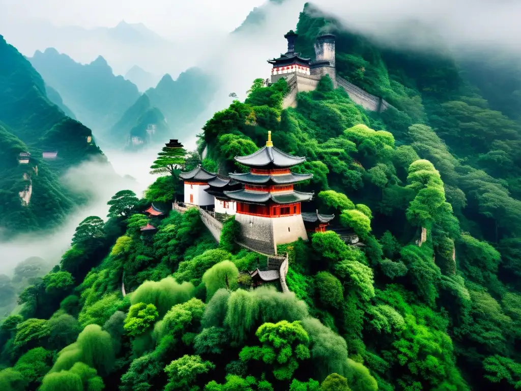 Imagen documental de los serenos y exuberantes paisajes de las Montañas Wudang en China, hogar de antiguos templos taoístas