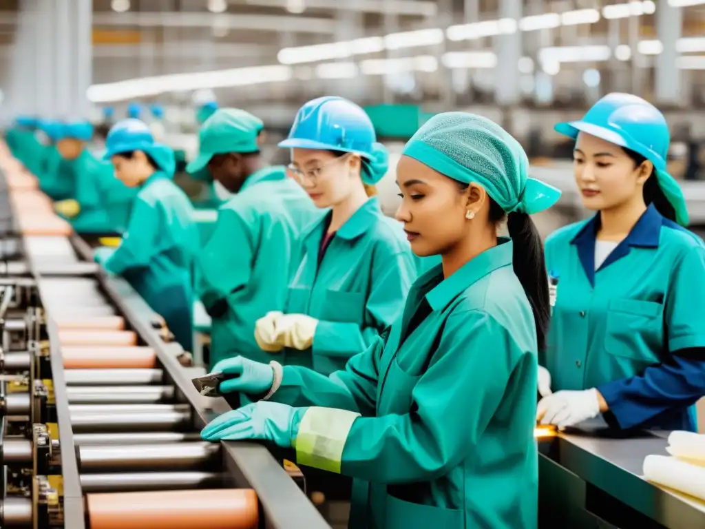 Imagen documental de trabajadores en una fábrica, destacando la diversidad cultural y ética en la cadena de suministro global