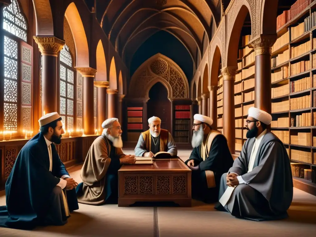 Imagen de erudito cristiano medieval en animada conversación con filósofos islámicos en una biblioteca iluminada por velas