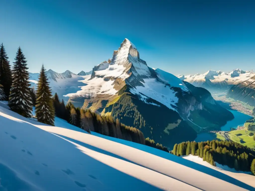Imagen espectacular de las Alpes Suizos nevados, con un cielo azul y el sol iluminando las cumbres
