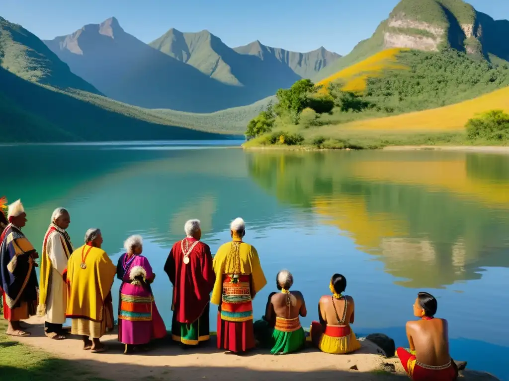Imagen de conexión espiritual con la naturaleza: ancianos indígenas realizando una ceremonia tradicional en un lago rodeados de montañas verdes