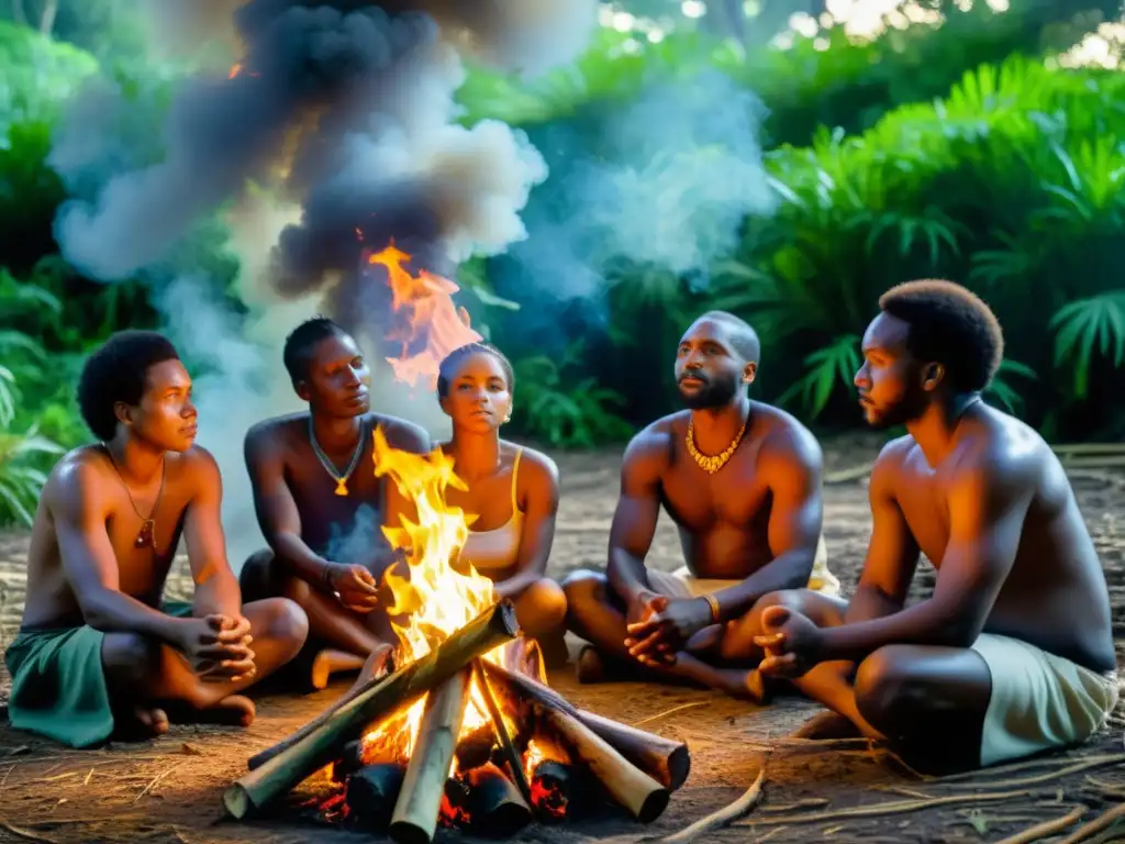 Imagen de la espiritualidad cimarrona caribeña, con personas reunidas alrededor del fuego sagrado en el exuberante bosque tropical